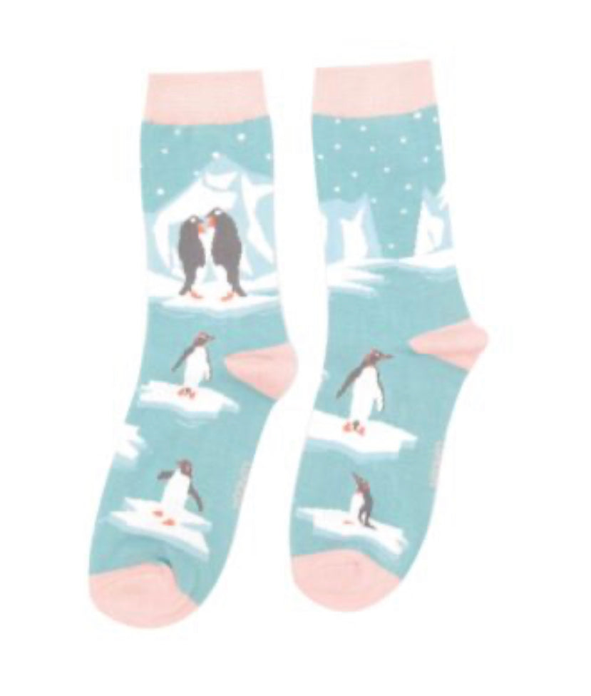 Penguins on ice bamboo Socks (Blue)