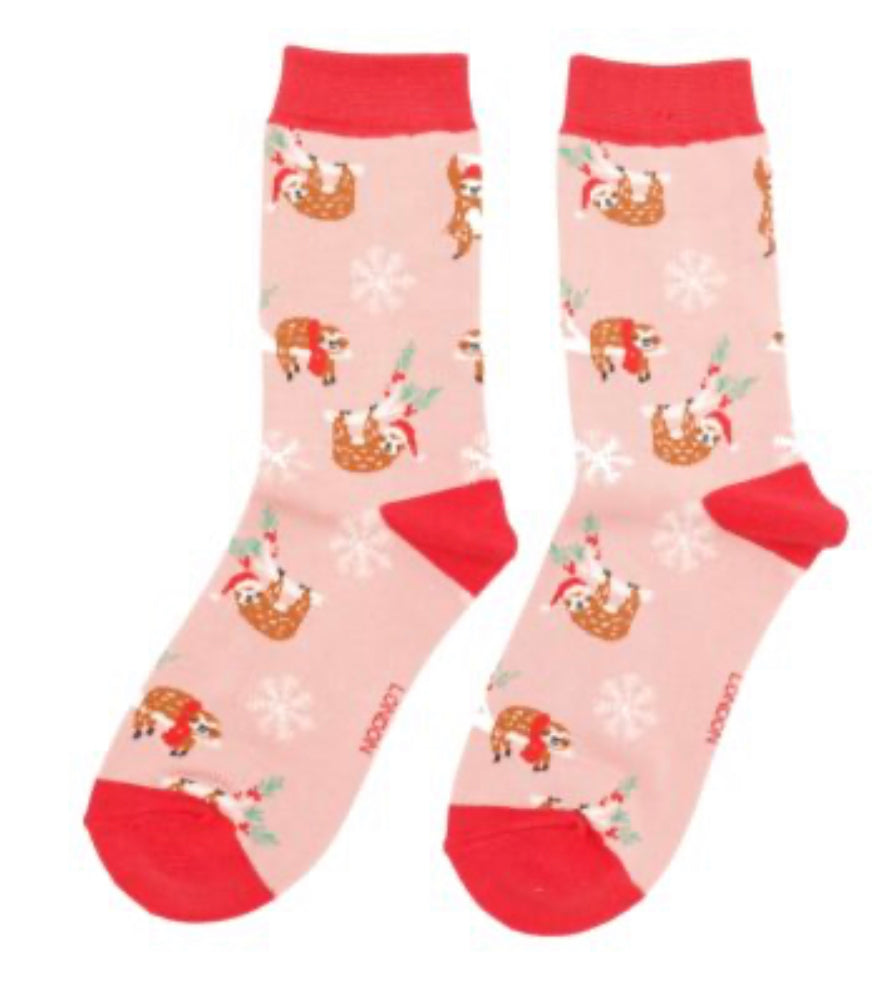 Sloth Christmas bamboo Socks (Pink)