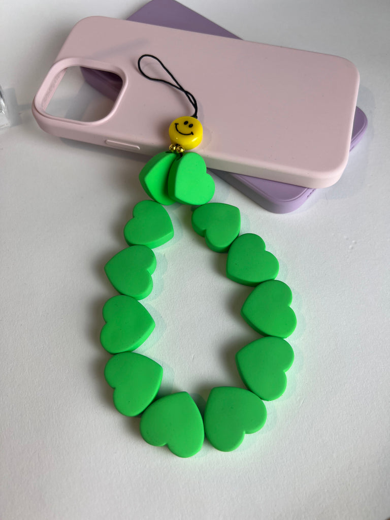 Phone charm chunky green hearts with smiley