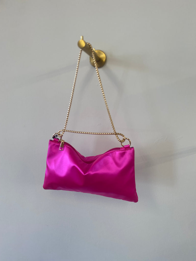 Pink satin bag with gold chain