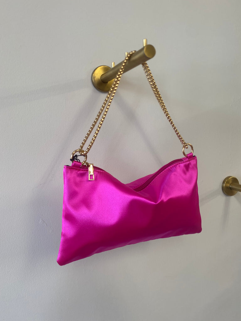 Pink satin bag with gold chain