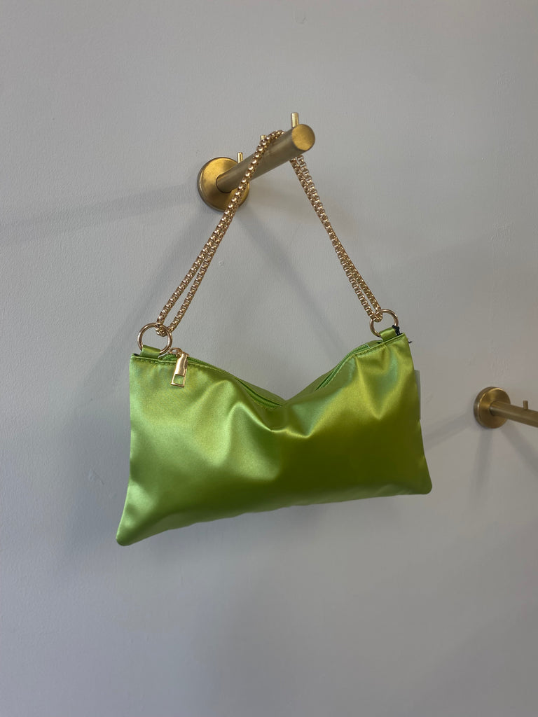Lime green satin bag with gold chain