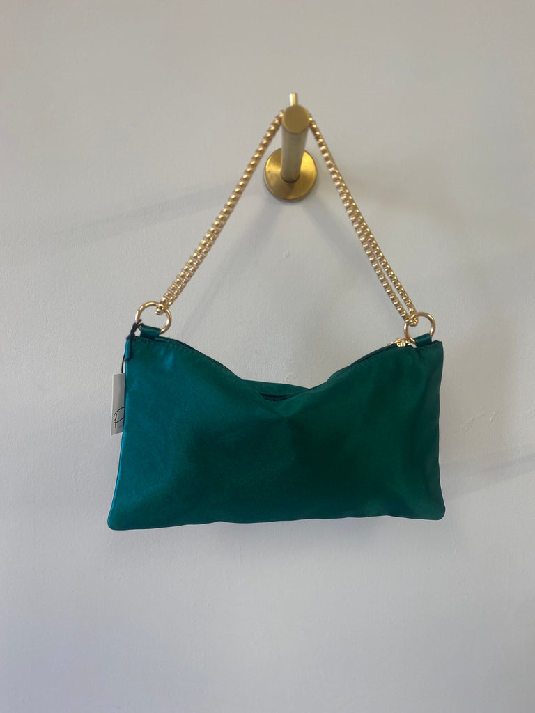 Emerald green satin bag with gold chain