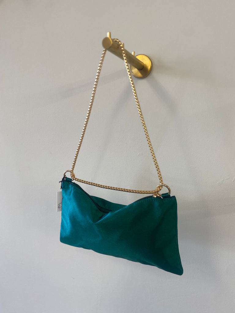 Emerald green satin bag with gold chain