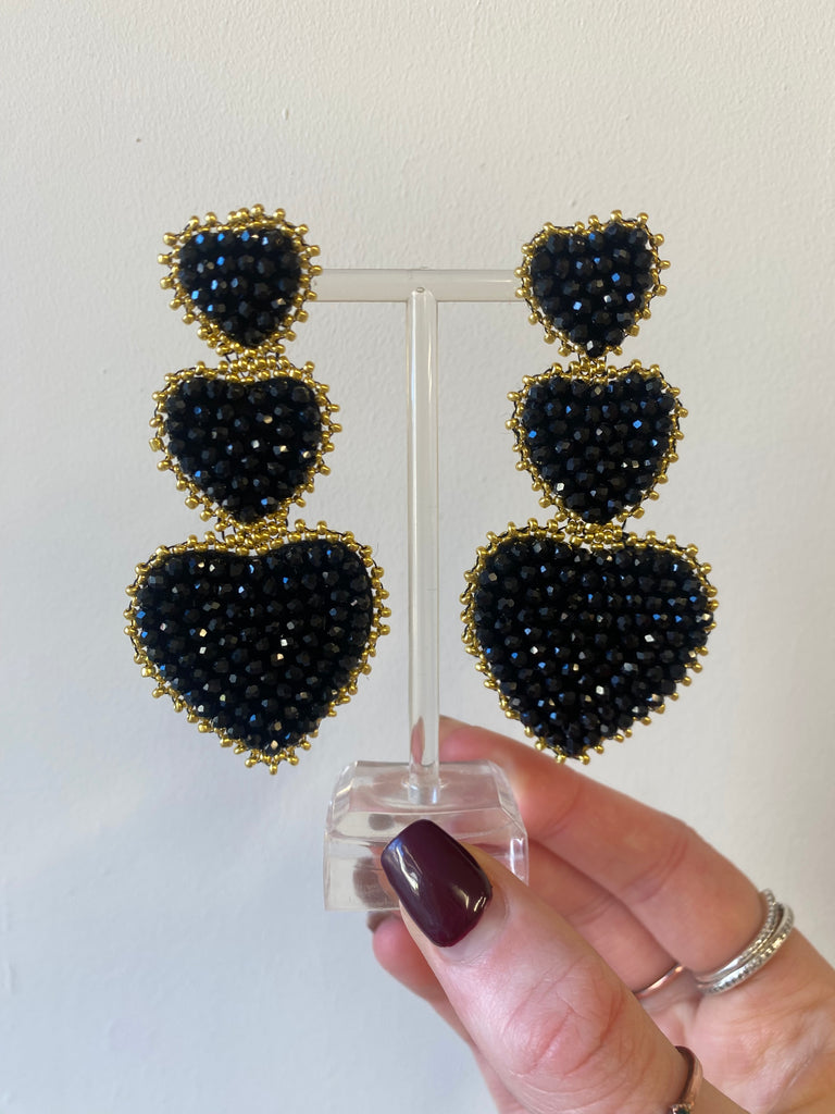 Black 3 tiered heart earrings