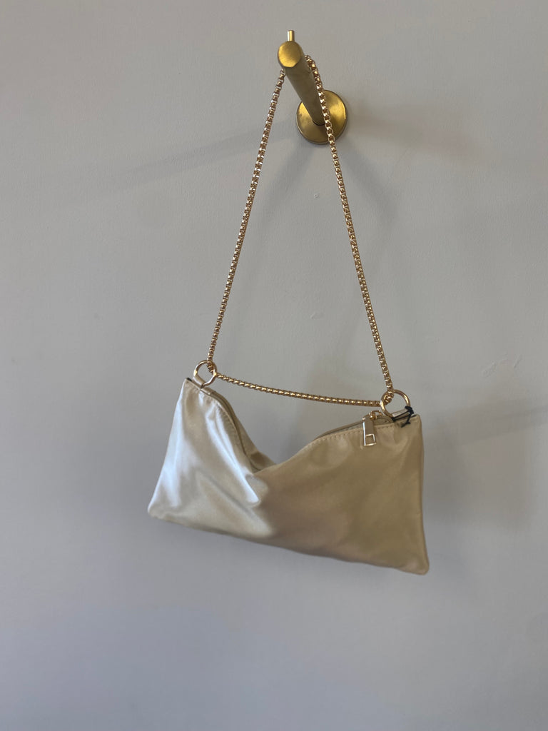 Cream satin bag with gold chain
