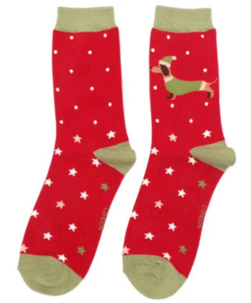 Santa sausage dog bamboo Socks (Red)