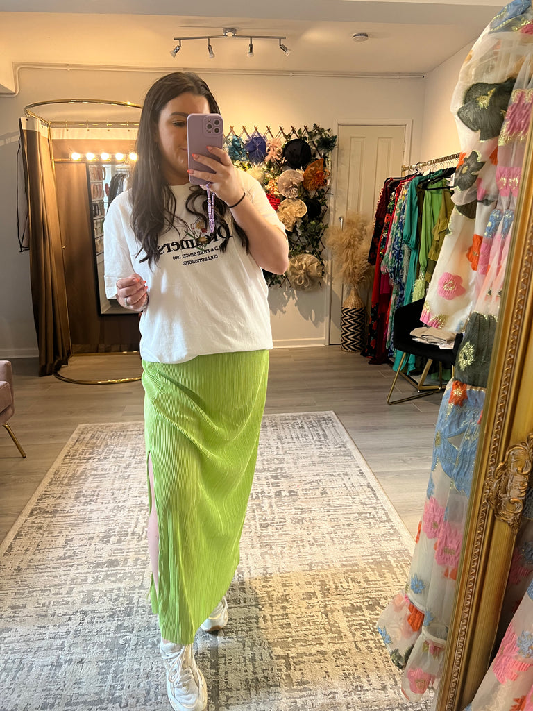 Lime Plisse Midi Skirt With Split