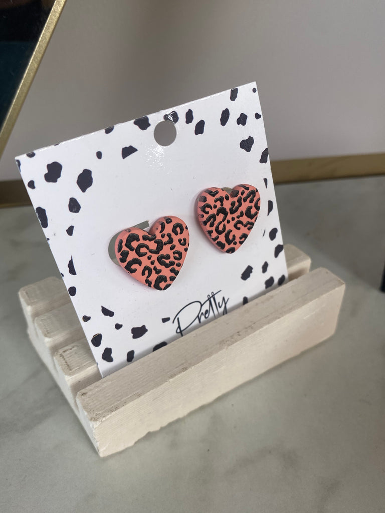 Pink leopard heart stud Earrings