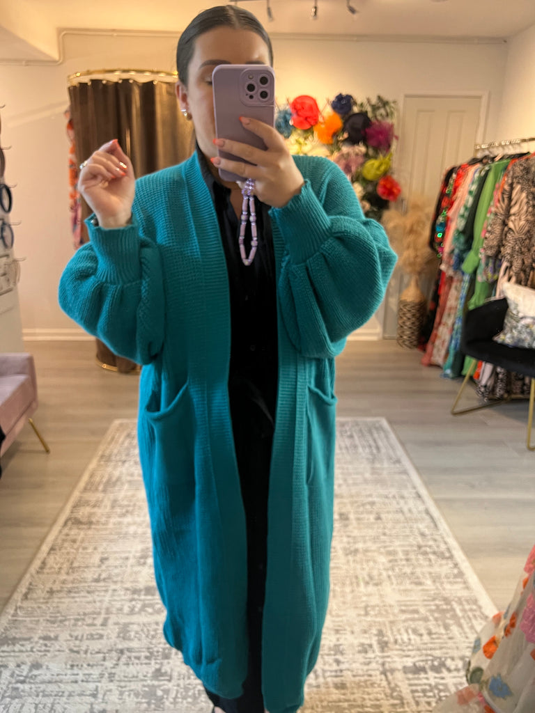 Cable Knit Maxi Cardigan - teal