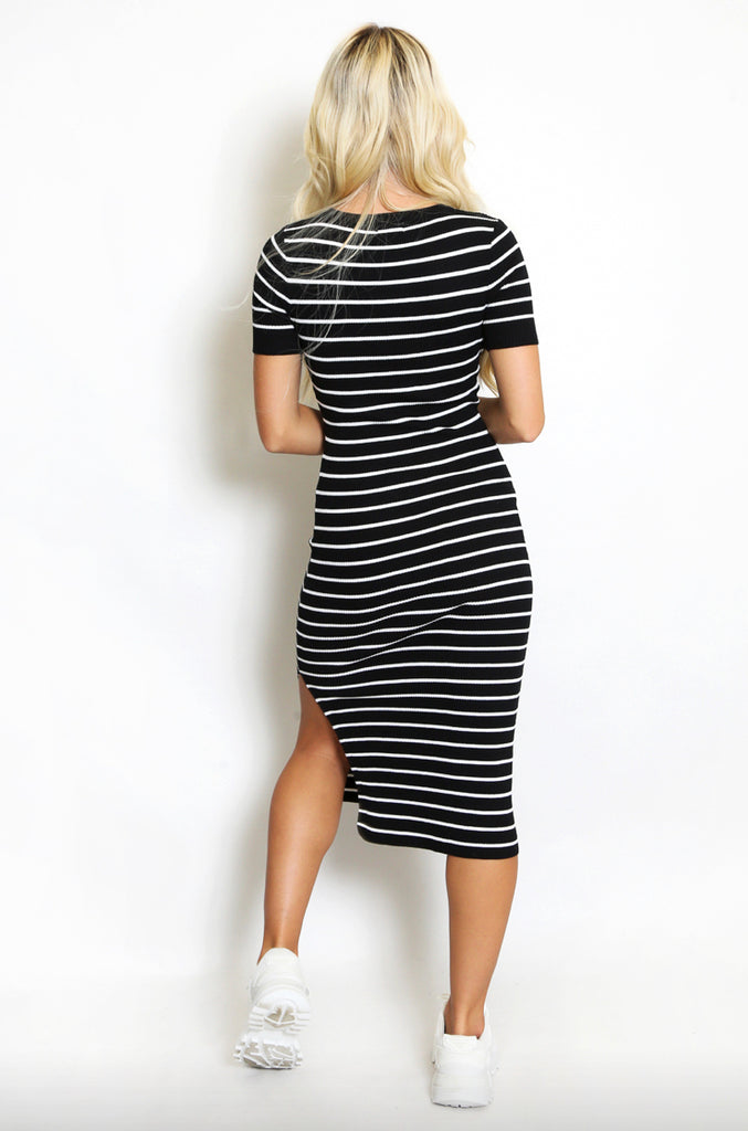 Fine Knit Black Striped Side Slit Midi Dress